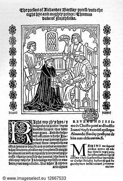 Der Übersetzer  der dem Herzog von Norfolk sein Buch präsentiert  um 1500-1520  (1923). Künstler: Richard Pynson.