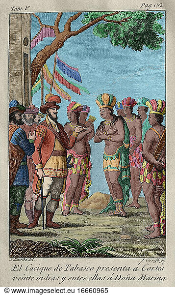 Der Cacique von Tabasco schenkt Hernan Cortes zwanzig Indianer und zwischen ihnen Dona Marina. Kupferstich  1825. Koloriert.