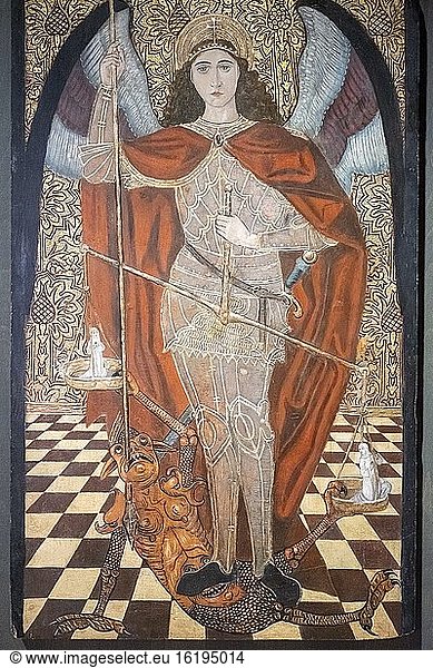 Der Erzengel Michael besiegt den Teufel  16. Jahrhundert  Öl auf Tafel  Kirche von Otal  Diözesanmuseum von Jaca  Huesca  Spanien.