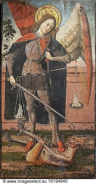 Der Erzengel Michael besiegt den Teufel  16. Jahrhundert  Öl auf Tafel  Kirche von Ruesta  Diözesanmuseum von Jaca  Huesca  Spanien.