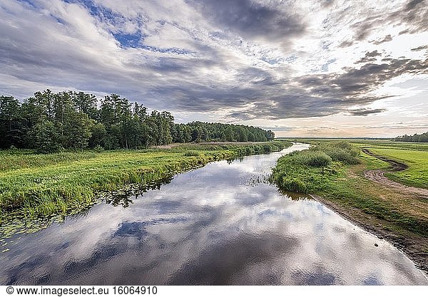 Der Fluss Biebrza im Dorf Dolistowo Stare am Rande des Biebrza-Nationalparks in der Woiwodschaft Podlachien in Polen.