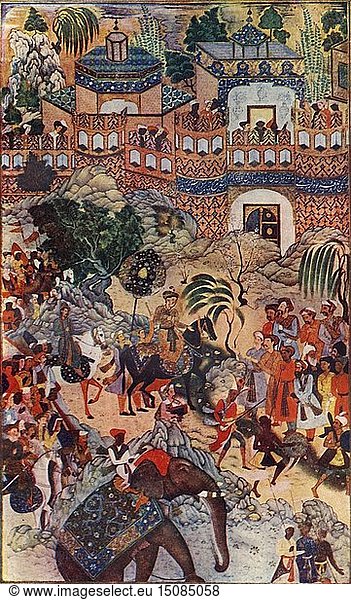 Der große Kaiser Akbar betritt seine Stadt im Prunk   1572  (1590-1595)  (um 1930). Schöpfer: Farrukh Beg.