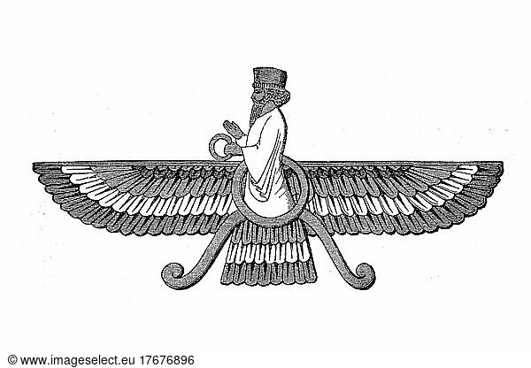 Der höchste persische Gott Ahnramazda  Persien  Iran  Historisch  digital restaurierte Reproduktion von einer Vorlage aus dem 19. Jahrhundert  genaues Datum unbekannt