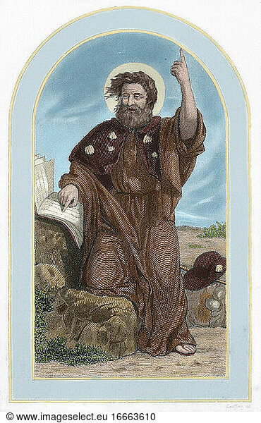 Der heilige Jakobus der Große (1. Jahrhundert - 44 n. Chr.). Apostel und Märtyrer. Kolorierter Kupferstich. 19. Jahrhundert.