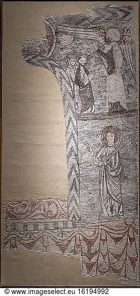 Der Heilige Petrus mit dem Schlüssel zum Himmel  Wandmalerei aus Sorripas  14. Jahrhundert  Fresko abgerissen und auf Leinwand übertragen  aus der Kirche San Andres de Sorripas  Diözesanmuseum von Jaca  Huesca  Spanien.