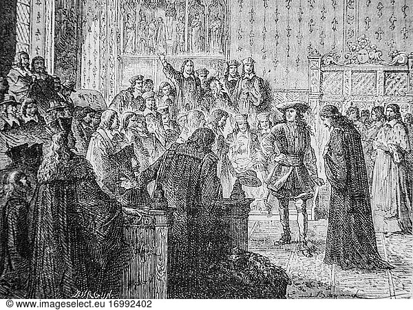 Der junge König louis XIV verteidigt sich im Parlament  um sich 1500-1600 zu versammeln  populäre Geschichte Frankreichs von henri martin  Herausgeber furne 1860.