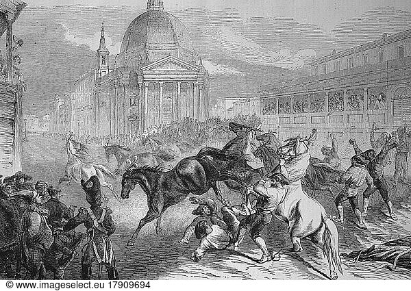 Der Karneval in Rom  freies Pferderennen auf dem Korso  1869  Italien  Historisch  digital restaurierte Reproduktion einer Vorlage aus dem 19. Jah  digital restaurierte Reproduktion einer Vorlage aus dem 19. Jahrhundertrhundert  Europa