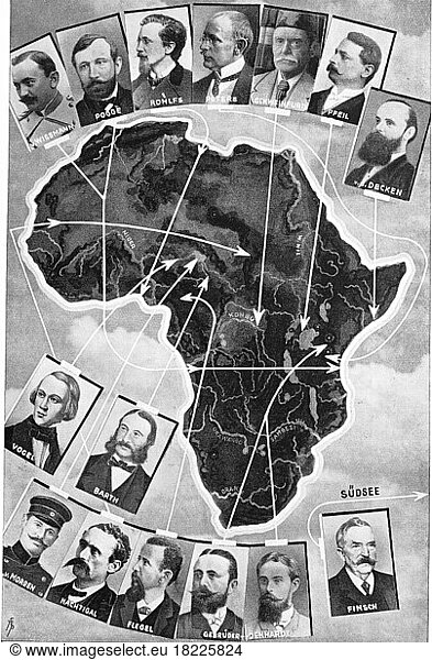 Der Kontinent Afrika und seine Erforscher  1910  Historisch  digital restaurierte Reproduktion einer Originalvorlage aus dem frühen 20. Jahrhundert  genaues Originaldatum nicht bekannt