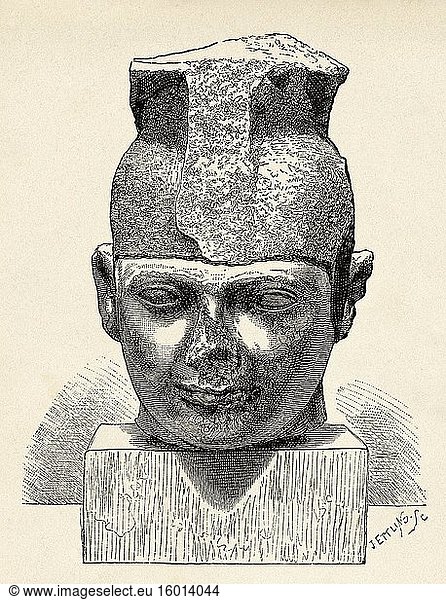Der Kopf von König Taharka. Altägyptische Kultur  Altes Ägypten. Alte gestochene Illustration aus dem 19. Jahrhundert  El Mundo Ilustrado 1880.