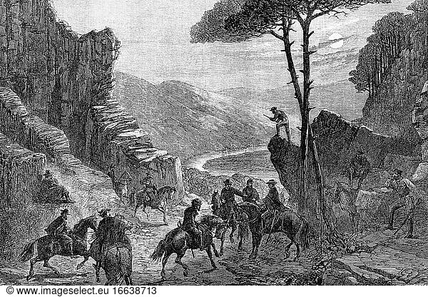 Der Krieg in Amerika: Rendezvous von Mosbys Männern auf dem Pass des Blue Ridge. Shenandoah Valley. 1865. Antike Illustration. 1867.
