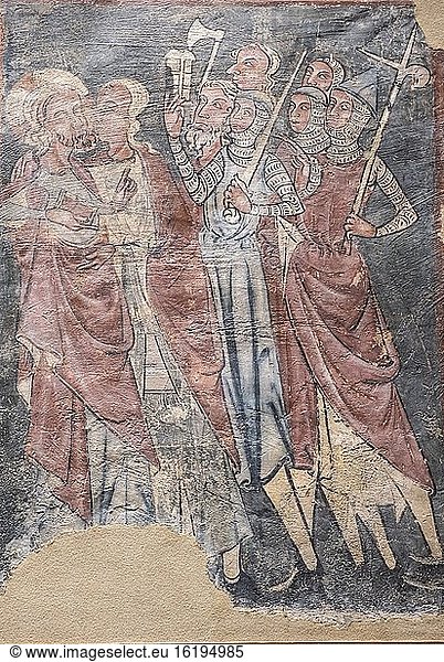 Der Kuss des Judas  Wandgemälde aus Urries aus dem 14. Jahrhundert  Fresko  das auf Leinwand übertragen wurde  stammt aus der Kirche San Esteban de Urries  Diözesanmuseum von Jaca  Huesca  Spanien.