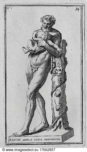 Der römische Gott Faun  Faunus  ein Waldgeist  ein Mischwesen der römischen Mythologie  Marmorstatue aus dem antiken Rom  Italien  digitale Reproduktion einer Originalvorlage aus dem 18. Jahrhundert  Originaldatum nicht bekannt  Europa