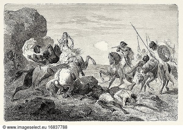 Der Tod von Herrn Bell  Äthiopien. Alter Stich aus dem 19. Jahrhundert  Narrative of a Journey through Abyssinia von Guillaume Lejean aus El Mundo en La Mano 1879.