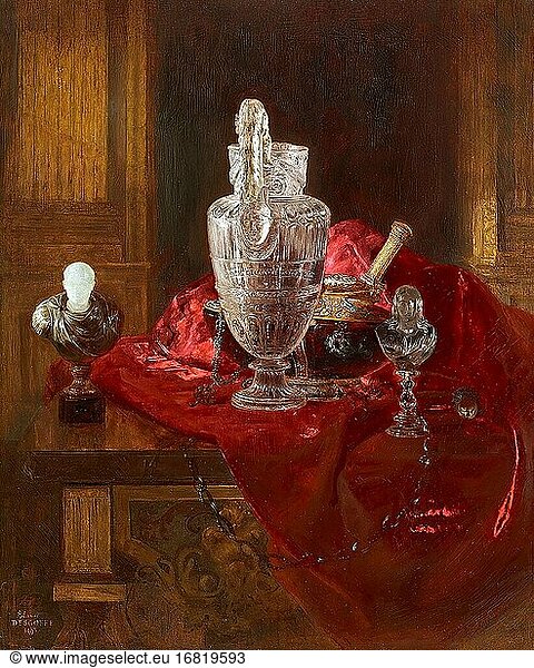 Desgoffe Blaise Alexandre - Ewer in Engraved Rock Crystal and Precious Objects on a Red Cloth - French School - 19th Century.