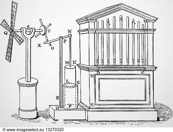 design for a pneumatic organ  from 'Pneumatics'  by HERO OF ALEXANDRIA