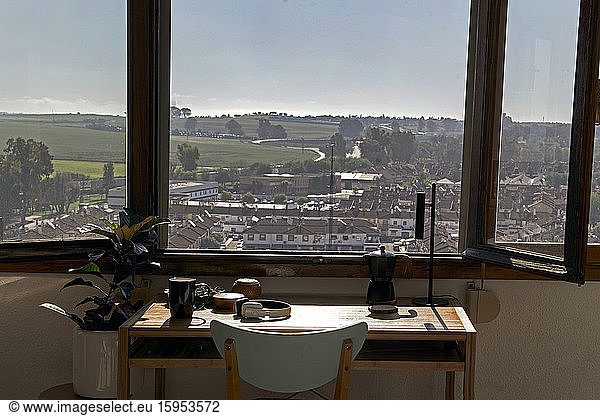 Desk with view at open window