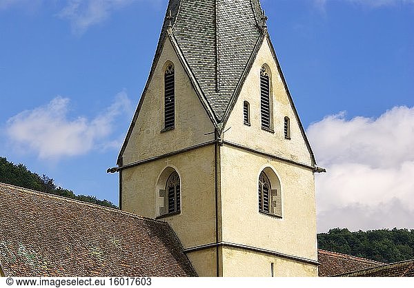 Detail des Dachs und des Kirchturms der Klosterkirche der Abtei Blaubeuren bei Ulm  Baden-Württemberg  Deutschland.
