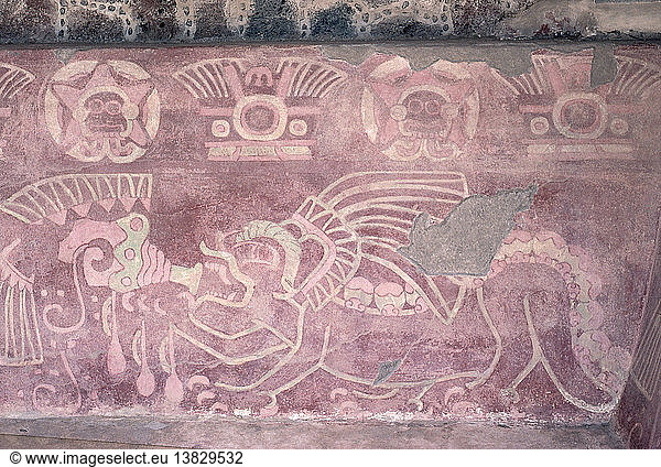 Detail einer mehrfarbigen Jaguar-Wandmalerei  die das Tier beim Blasen einer Muschelschale zeigt  Mexiko. Teotihuacan. 1750 N. CHR. Teotihuacan