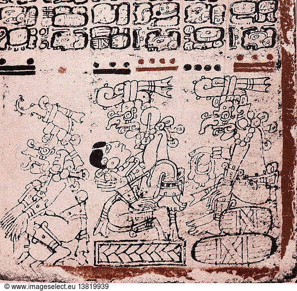Detail einer Seite aus dem Codex Troana Cortesianus  auch bekannt als Codex von Madrid. Dieser Codex ist einer von nur vier erhaltenen Maya-Codices und besteht ausschließlich aus Almanachen  die nach dem rituellen 260-Tage-Kalender geordnet sind  der in ganz Mesoamerika für Weissagungen und Prophezeiungen verwendet wurde. Mexiko. Maya. Radiokohlenstoff datiert auf 1230+/ 130 n. Chr.