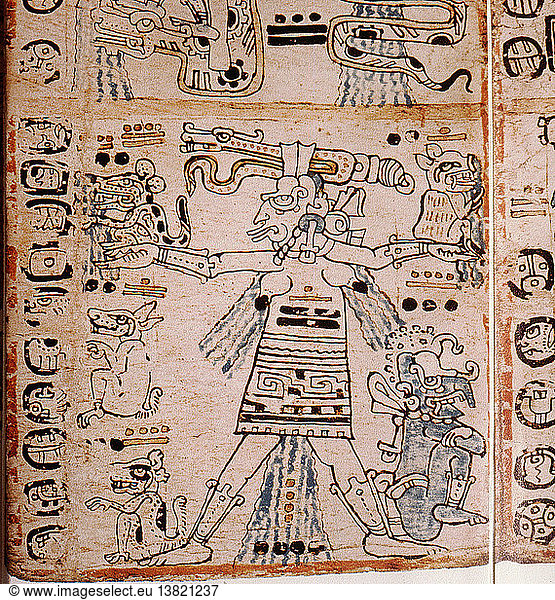 Detail einer Seite aus dem Kodex Troana Cortesianus  auch bekannt als Kodex von Madrid. Dieser Kodex ist einer von nur vier erhaltenen Maya-Kodizes und besteht ausschließlich aus Almanachen  die nach dem rituellen 260-Tage-Kalender geordnet sind  der in ganz Mesoamerika für Weissagungen und Prophezeiungen verwendet wurde. Detail der alten Mondgöttin  die mit dem abnehmenden Mond identifiziert wird. Das Wasser  das aus ihrem Körper strömt  und der Schlangenkopfschmuck sind ein Hinweis auf die Regenzeit. Mexiko. Maya. Radiokohlenstoffdatierung auf 1230+/ 130 n. Chr.