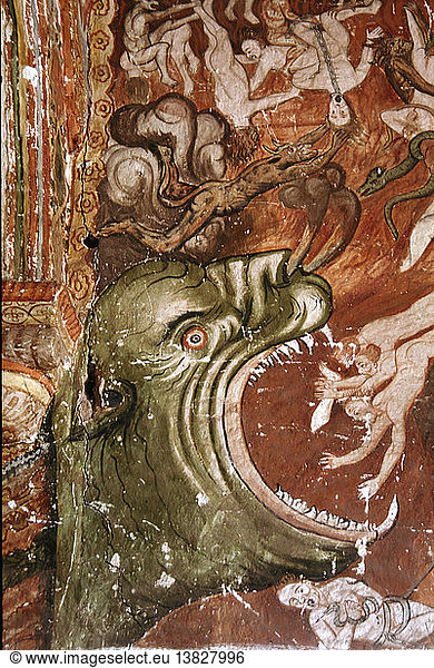 Detail einer Wandmalerei in einer Kirche in Huaro: Ein Inka-Puma  dargestellt als christliches Teufelsbiest  das die Sünder in der Hölle verschlingt. Ein faszinierendes Beispiel für die spanische Verzerrung der indianischen Ideen  um den religiösen Glauben der Inka zu beseitigen  indem er als heidnischer Götzendienst eingestuft wurde. Peru. Inka. Huaro  Tal von Cuzco.