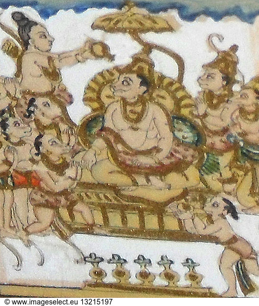 Detail from a 19th century enamel and glazed picture depicting the Hindu legend of the Ramayana. The Ramayana is one of the two epic Hindu poems  the other being the Mahabharata. The Ramayana describes a love story between Rama  an ancient King  and Sita  who is captured by Ravan  the King of Ceylon. Rama lays siege to Ceylon and wins back Sita