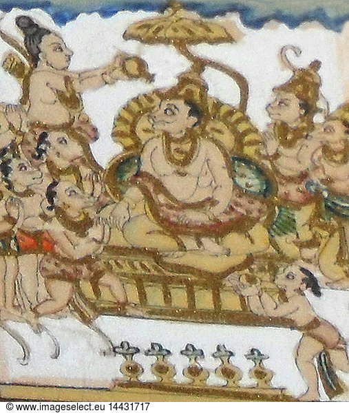 Detail from a 19th century enamel and glazed picture depicting the Hindu legend of the Ramayana. The Ramayana is one of the two epic Hindu poems  the other being the Mahabharata. The Ramayana describes a love story between Rama  an ancient King  and Sita  who is captured by Ravan  the King of Ceylon. Rama lays siege to Ceylon and wins back Sita