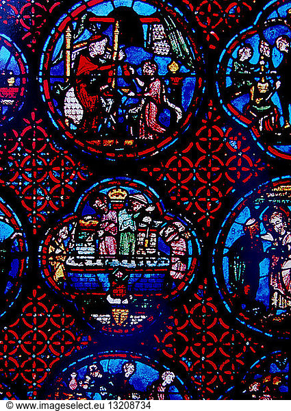Detail from the Masons' window depicting a scene from the story of Dives
