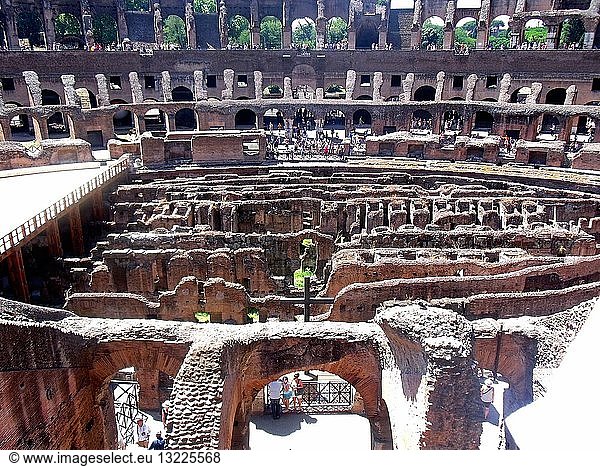 Detail from the Roman Collosseum (also known as the Flavian Amphitheatre) an elliptical amphitheatre in the centre of Rome Italy. Considered one of the greatest works of Roman architecture and engineering. Built from concrete and stone with construction starting under the emperor Vespasian in 70 AD finished in 80 AD under Titus. The amphitheatre also underwent modifications during the reign of Domitian. Named for its association with the Flavius family name of which these 3 emperors belonged. The Collosseum seated 50 000 spectators to view gladiatorial contests and performances. It was later repurposed for many other uses. One of the outstanding physical representations of Imperial Rome.