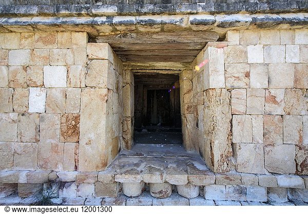 Detail in the quadrangle Of The Nuns in Uxmal ruins Prehispanic Mayan city of Uxmal Archaeological Site Yucatan Province Mexico Central America.