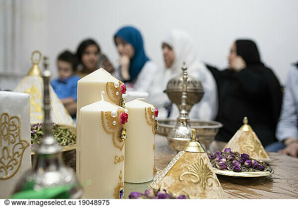 Detail of candles in henna celebration in a Moroccan pre-wedding.