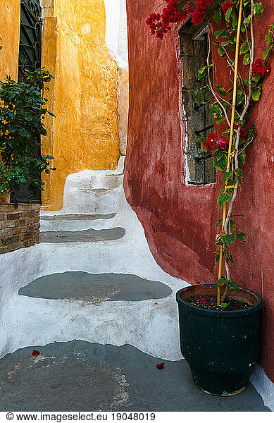 Detail of colorful architecture in Anafiotika neighborhood of Athens.