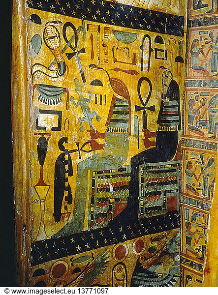 Detail of interior of a coffin  Depiction of demons of time with serpent heads. As a chthonic animal the snake was one of the life creating powers in Ancient Egyptian mythology and also the symbol of survival after death. Egypt. Ancient Egyptian. 21st Dynasty  New Kingdom  c 1000 BC. Western Thebes.