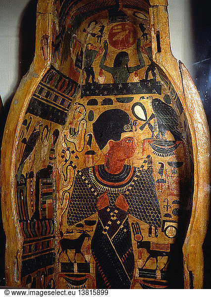 Detail of interior of a coffin Depiction of Osiris wearing the blue crown (khepresh) and holding the crook and flail. Osiris was associated with death  resurrection and fertility. Egypt. Pharaonic New Kingdom. 21st Dynasty. Western Thebes.