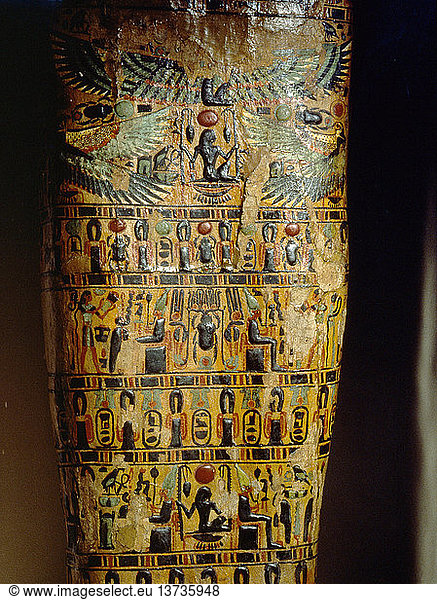 Detail of the exterior of a coffin  decorated with scenes from the Osirian and solar mythology  Such scenes were dealing with the concept of rebirth and the judgement of the dead. Egypt. Pharaonic New Kingdom. 21st Dynasty  c 1000 BC. Western Thebes.