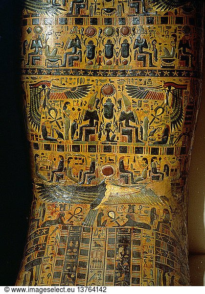 Detail of the exterior of a coffin decorated with scenes from the Osirian and solar mythology  Such scenes were dealing with the concept of rebirth and the judgement of the dead. The enthroned Osiris receives the ankh (symbol of life) from the winged wedjat eye. Egypt. Pharaonic New Kingdom. 21st Dynasty  c 1000 BC. Western Thebes.