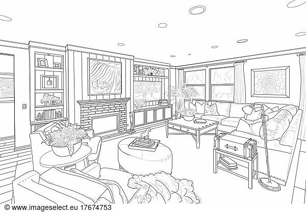 Detailed black line drawing of a custom living room