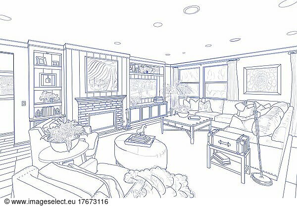Detailed blue line drawing of a custom living room