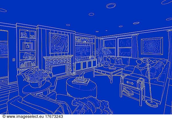 Detailed white line drawing on blue of a custom living room