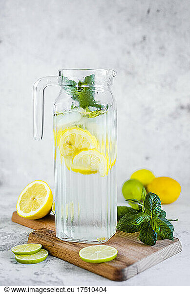 Detox water with lemon  lime and mint and ice cubes
