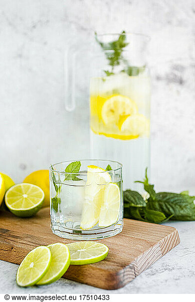 Detox water with lemon  lime and mint and ice cubes