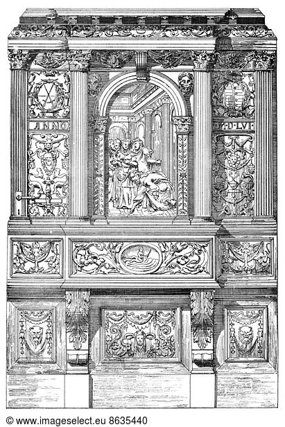 Deutsche Renaissance  Architektur-Zeichnung von 1882  Detail des Kirchenportals vom Schloss  Dresden  Sachsen  Deutschland