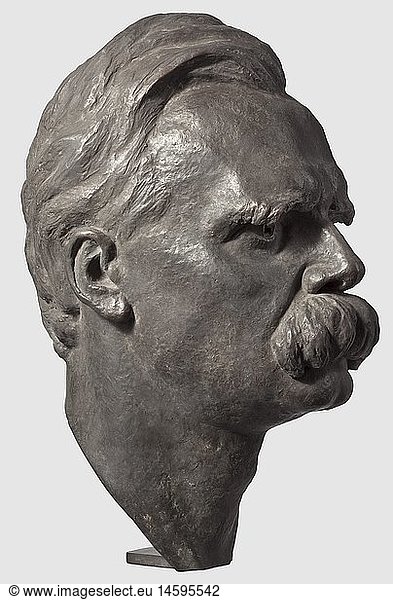 DEUTSCHES KAISERREICH  Friedrich Nietzsche (1844 - 1900)  PortraitbÃ¼ste von Friedrich Rogge 1943 Bronze mit dunkler Patina  die Ã¼berlebensgroÃŸe Darstellung im Nacken signiert 'J.F. Rogge'  die Plinthe mit GieÃŸerstempel 'Lenz'. HÃ¶he ca. 53 cm. Diese BÃ¼ste sowie die folgende Totenmaske wurden fÃ¼r die geplante Nietzsche-Gedenkhalle in Weimar gefertigt  die das Nietzsche-Archiv beherbergen sollte. Dr. Johannes Friedrich Rogge (1898 - 1983) studierte zuerst Naturwissenschaften  bevor er sich ab 1922 der bildenden Kunst zuwandte. Trotz Erfolgen auf der Berliner Kunstausstellung blieben AuftrÃ¤ge aus  und er schloss sein Atelier. Erst seine 1938 modellierte BÃ¼ste Hitlers fÃ¼hrte zum Erfolg  und es folgten AuftrÃ¤ge fÃ¼r BÃ¼sten Rosenbergs  Ludendorffs  Telschows  Hauptmanns oder GÃ¶rings. 1943 erhielt er den Auftrag des Nietzsche-Archivs  eine Ã¼berlebensgroÃŸe BÃ¼ste des Philosophen und Dichters zu fertigen  die 1944 in der GroÃŸen Deutschen Kunstausstellung im Haus der Deutschen Kunst vorgestellt wurde