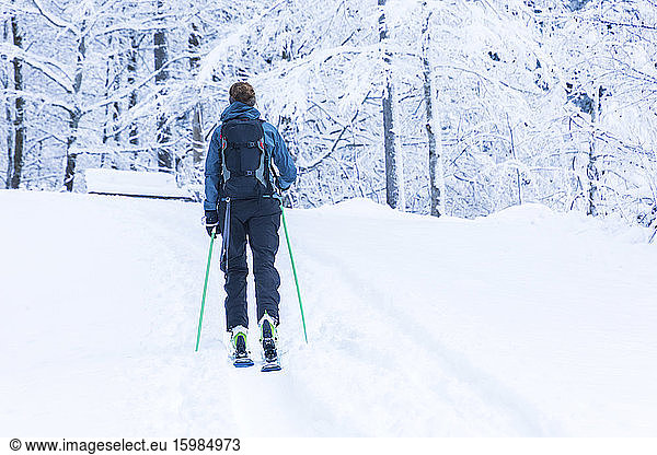 Deutschland  Bayern  Reit im Winkl  Rucksacktouristin beim Skifahren im Winterwald