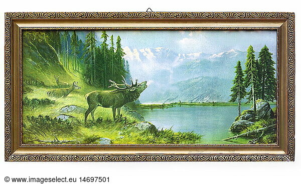 Deutschland  20er Jahre  roehrender Hirsch  Gemaelde  billiger Druck  Geweih  Brunft  bruenftig  kitschig  Rehe  See  Bergsee  Landschaft  Natur  Wald  Kitsch  Idylle  idyllisch  Wohnzimmerschmuck  Wohnaccessoir  Wandschmuck  Wohnungseinrichtung  Bilderrahmen  Rahmen  Goldrahmen  Dekoration  Einrichtung  Zwanziger Jahre  Freisteller  historisch