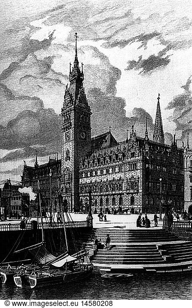 Deutschland hist.- StÃ¤dte  Hamburg  neues Rathaus  Xylografie  1887 Deutschland hist.- StÃ¤dte, Hamburg, neues Rathaus, Xylografie, 1887,