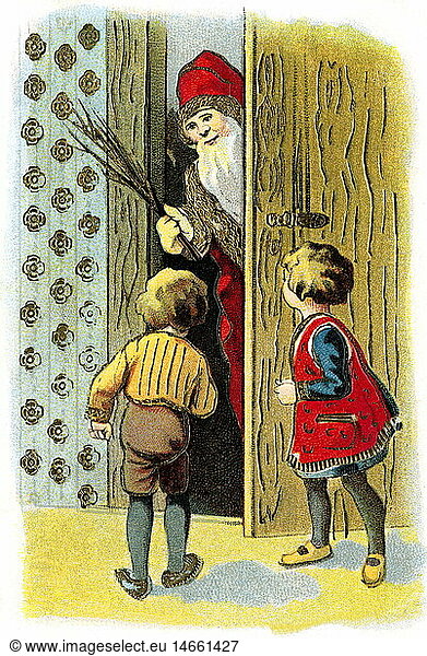 Deutschland  1928  Nikolaus besucht Kinder  Rute  an der Tuer  Weihnachtsmann  heiliger Nikolaus  Tradition  Brauch  Brauchtum  Kind  Kindheit  Weihnachten  Heiliger Abend  Bescherung  20er Jahre