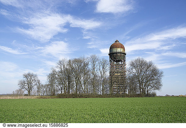 Deutschland  Nordrhein-Westfalen  Ruhrgebiet  Grasfeld mit Wasserturm Lanstroper Ei im Hintergrund