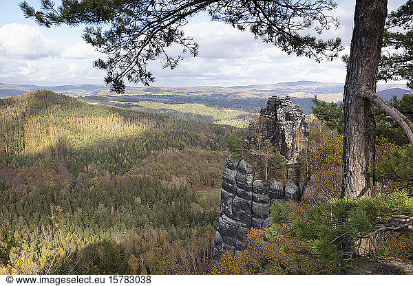 Deutschland  Sachsen  Schrammsteine Felsformation und ausgedehnter Herbstwald im Nationalpark Sächsische Schweiz