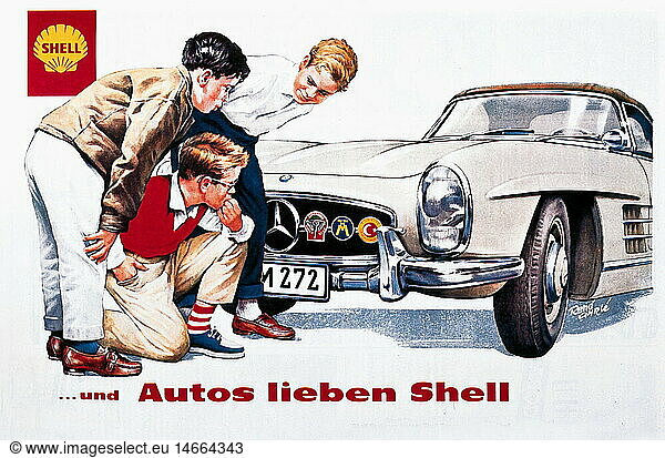Deutschland  um 1960  Shell  Benzin  Werbung  Jungen bestaunen Auto Deutschland, um 1960, Shell, Benzin, Werbung, Jungen bestaunen Auto,